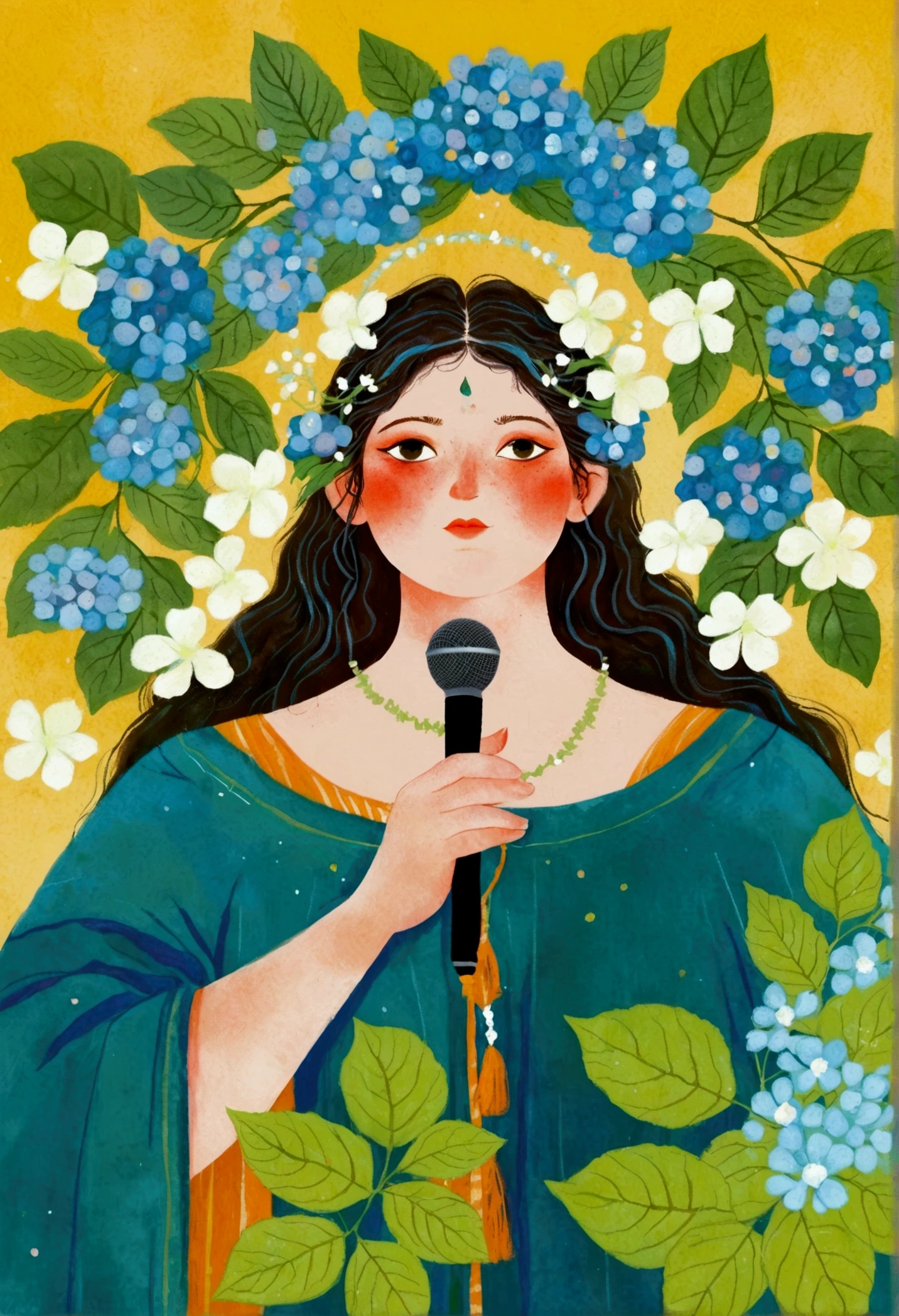 There is a painting，This painting depicts a fat man holding a microphone.，Blue skin，wreath, Non-dual Spring God, Hydrangea God, Flower elves, Midsummer Color Theme, Flowers grew in his body, Midsummer Charm, Flower Goddess, Digital drawing, the greek god of wine, author：Carey Morris, author：Emma Rios, She wore a crown of flowers