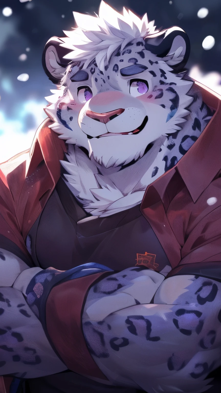 human nature, wild animals, male, 28 years old，youth，solitary, ((Round Face, The face is plump, Purple Eyes, Thick white hair，Scars)), ((Endomorph, Handsome，Hot Blood)), （Mecha suit，no electricity，exhausted), ((domestic snow leopard, Snow leopard orcs) Fluffy fur, Fluffy, grayish purple spots), (snow leopard print), Bokeh, (high quality, high resolution, masterpiece), (Dynamic Lighting, Vibrant colors), (Smile，shy，blush), Full body pictures (Vision), cartoon, author：Takemoto Arashi, From Zixiong, author：Chunni, author：Ethereal，（background：Rainforest）