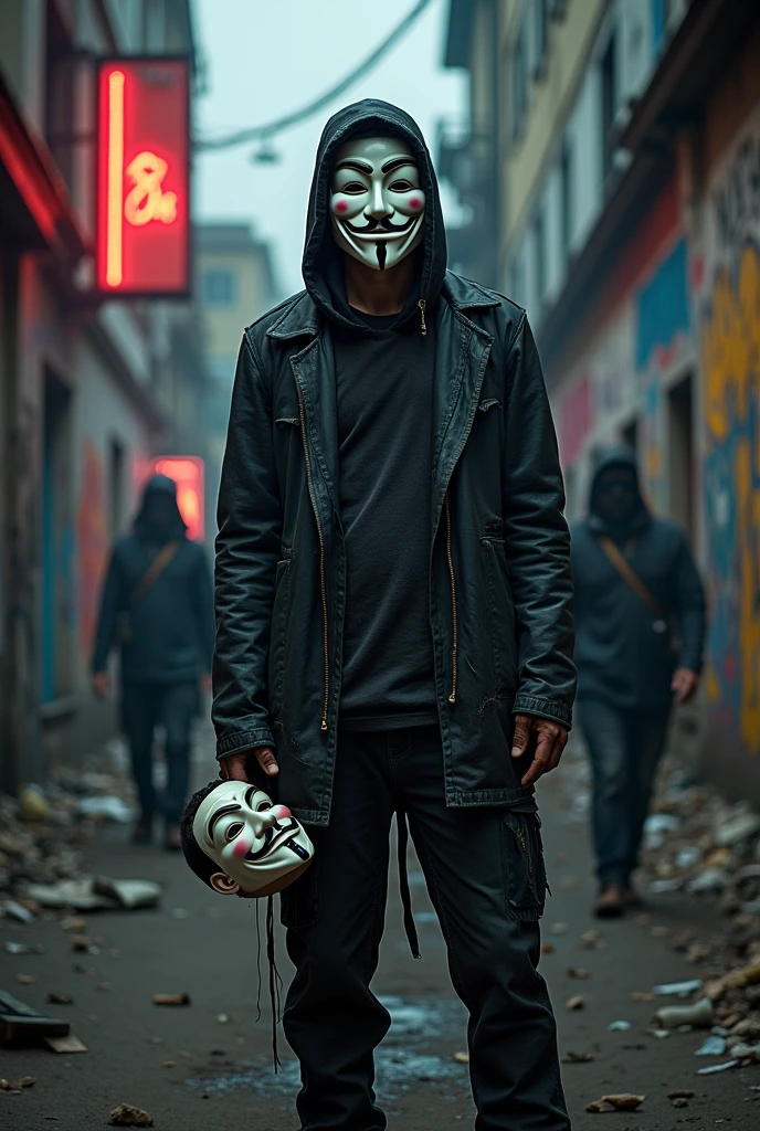 Man wearing an Anonymous mask holding Nicolás Maduro's head in his hand.