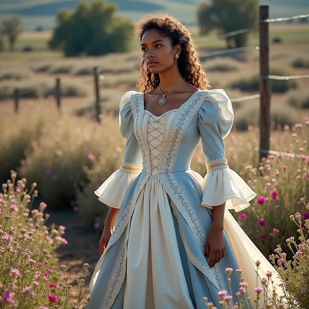 Beautiful brown skin woman with curly hair. Wife of wealthy ranch owner. Show 1860s style dickens dress, light colors, blue, white, creme, gold. Show whole dress