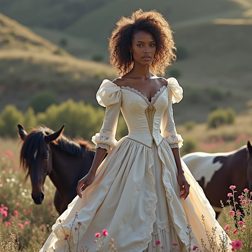 Beautiful brown skin woman with curly hair. Wife of wealthy ranch owner. Show 1860s style dickens dress, light colors, blue, white, creme, gold. Show whole dress