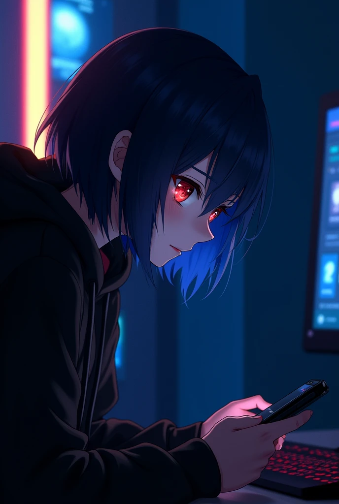 Gamer , dark background , Anime girl , dark blue hair , modern day mullet hair style , black hoodie , red eyes , almond eye , plays mobile game , side view
