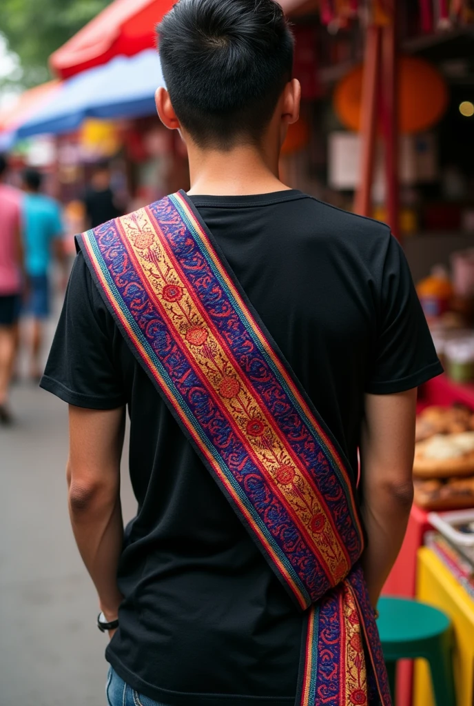 Full body guy, turn back sideways shot , nude butt half face of handsome ancient Thai 18 years old guy wearing light brown transparent underwear ,wearing gold jewelry belt, walks nude ass in ancient Thailand market.