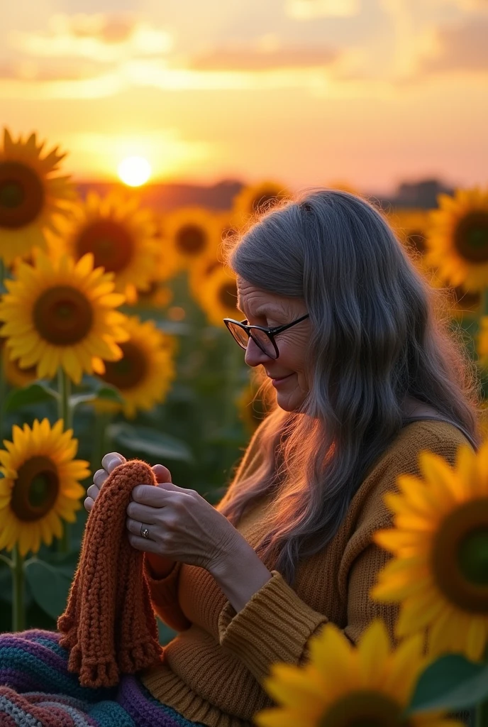 An old lady with glasses and black hair is crocheting in a sunflower field sunrise , and the old lady is crocheting from a distance from the screen
