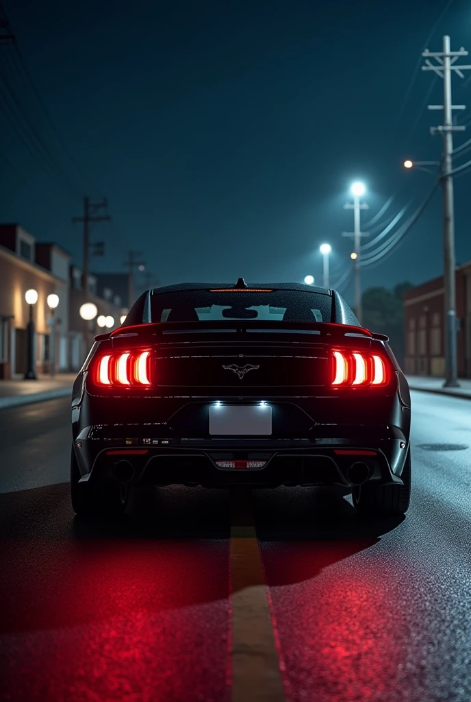 Black Mustang gt, on a deserted street, at night captured in 4k resolution with rear view and glowing red rear lights