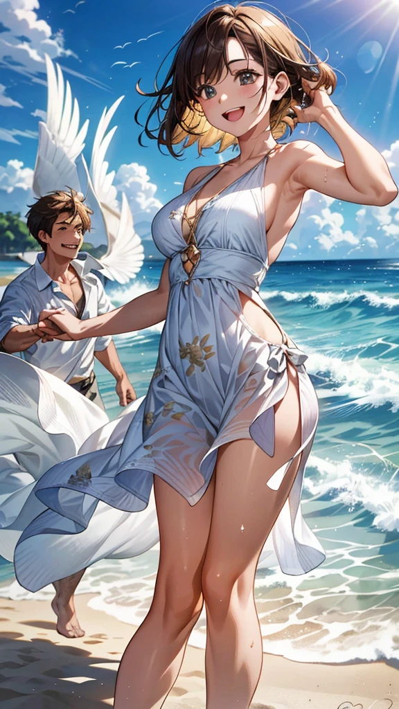 A blissful couple runs hand in hand on the golden sandy beach, their faces radiant with happiness under the warm, high saturation sunlight. The fine details of their faces, with natural wrinkles and sweat glistening on their foreheads, are captured in this realistic style, 4K masterpiece. Each footprint they leave behind is etched in the sand, adding to the energetic and lively atmosphere. Seagulls fly overhead, their sharp silhouettes contrasting against the bright sky. Waves crash onto the shore, leaving a frothy white foam that glimmers in the sunlight. The couple's laughter echoes through the still air, bringing a sense of peace and contentment to