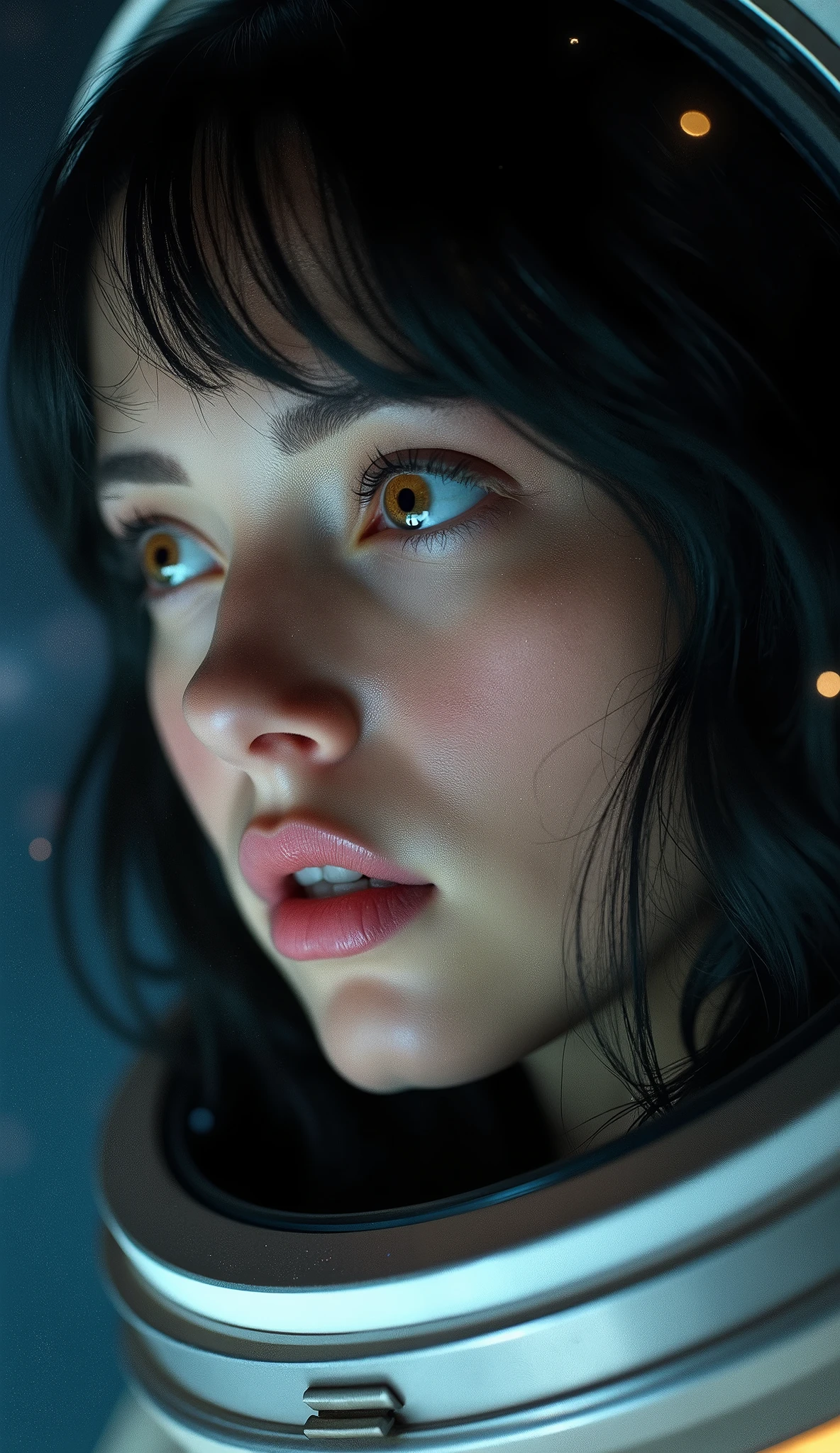 Russia、Adult woman with depression、Black Hair、Brown eyes、Pink Lips、Spacesuit、Close-up of face、Real、Masterpiece、Highest quality、