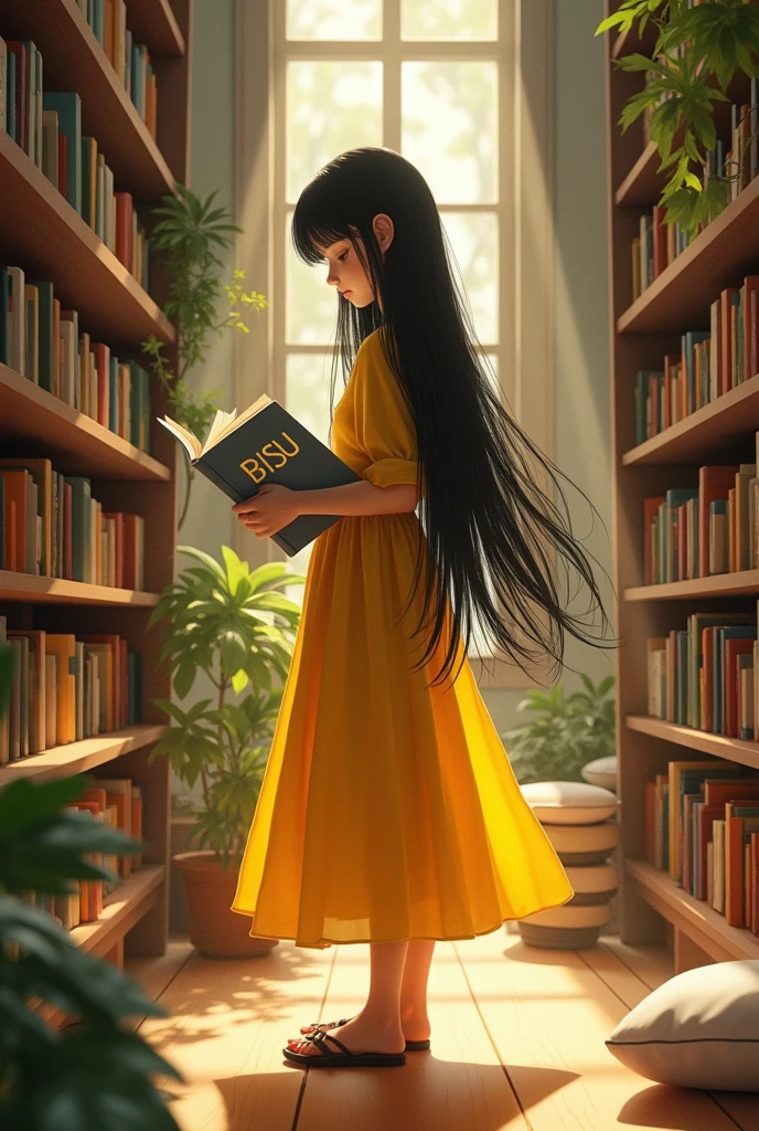 A beautiful girl wearing a yellow dress with black hair reading a book titled "BISU" with a gray book cover inside the library
