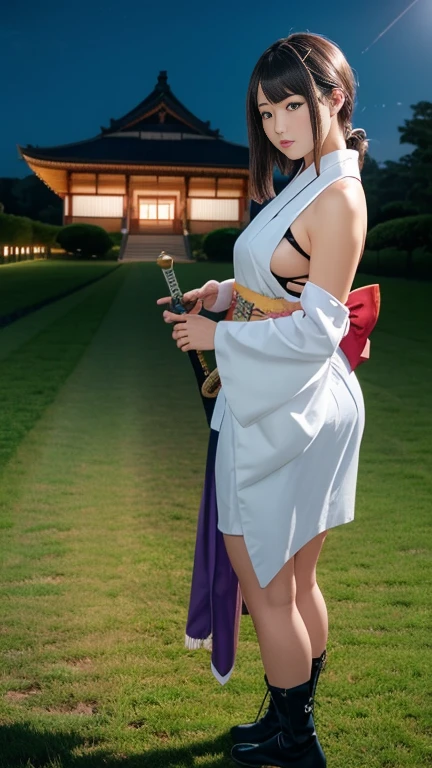 (8k、RAW Photos、Highest quality、masterpiece:1.2)、(Realistic)、One woman、((A purple and white furisode kimono、Navy blue))((I can see your shoulders、Thighs、Small breasts、boots))、((Black hair ponytail 1.3))(Thighs1.2)、((whole body、View from the front、Looking into the camera、Holding a Japanese sword))、(A youthful face with beautiful eyes..3)、(Nighttime mansion background in the Sengoku period)