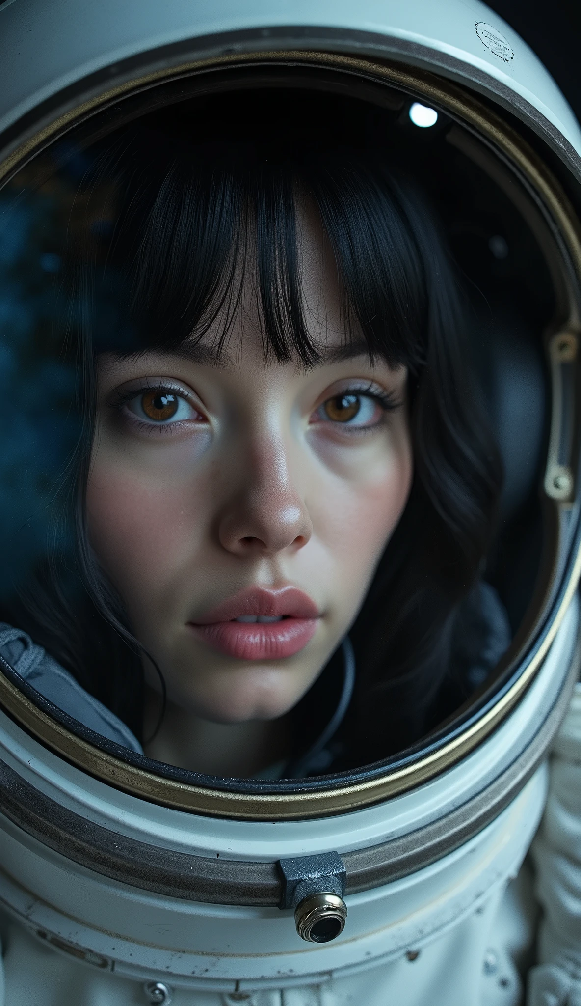Russia、Adult woman with depression、Black Hair、Brown eyes、Pink Lips、Spacesuit、Close-up of face、Real、Masterpiece、Highest quality、
