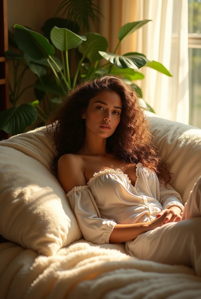 (photorealism:1.2), beautiful woman, sitting on bed, wearing loose off-shoulder top, pajama pants, long curly hair, indoors, soft lighting, plants in background, window with sunlight, cozy room, relaxed pose, realistic, intricate details, warm colors, by Greg Rutkowski, by Alphonse Mucha
