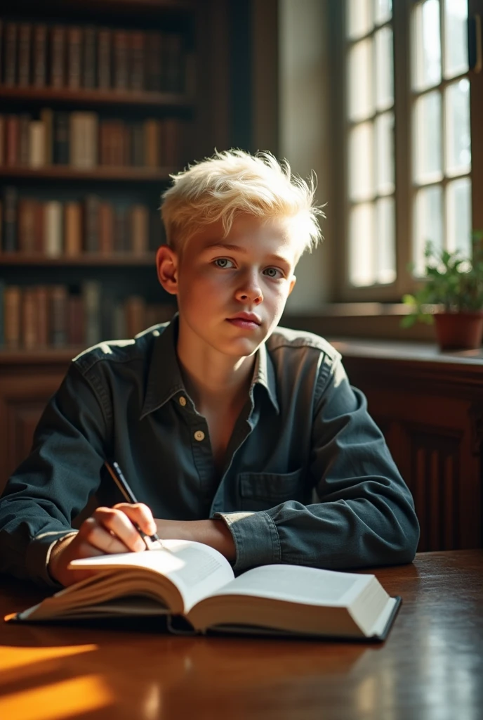 Incredibly handsome 17 year old boy late s with white-blonde hair, very very pale skin, and grayish-blue eyes. Albino. Dressed in dark grayish-blue button up shirt and reading a book. Background of library. Faceclaim of Colin Ford