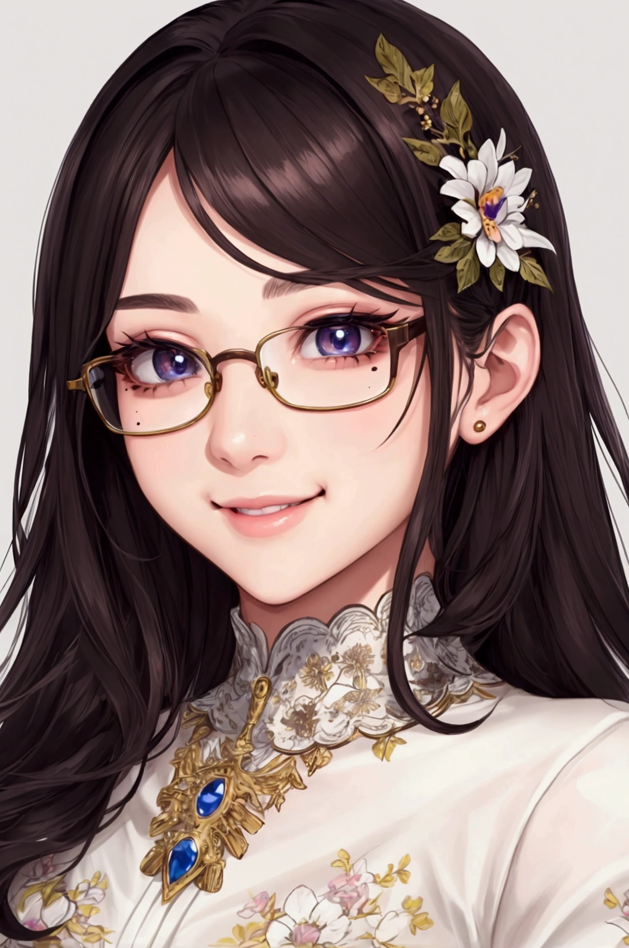 masterpiece, best quality, ultra detailed, a mole under right eye, eyelashes, (beautiful detailed eyes), smile, glasses,