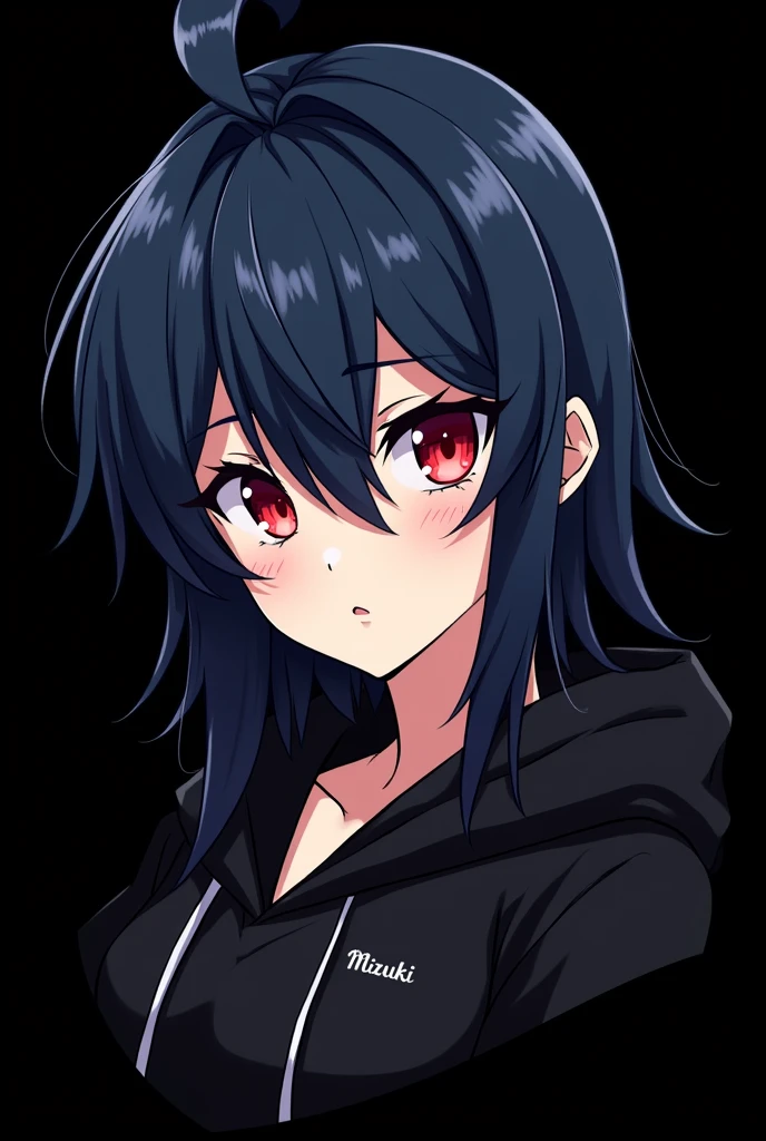 Logo for "mizuki" , Gamer , black background , Anime girl , dark blue hair , modern day mullet hair style , black hoodie , red eyes , almond eye 

