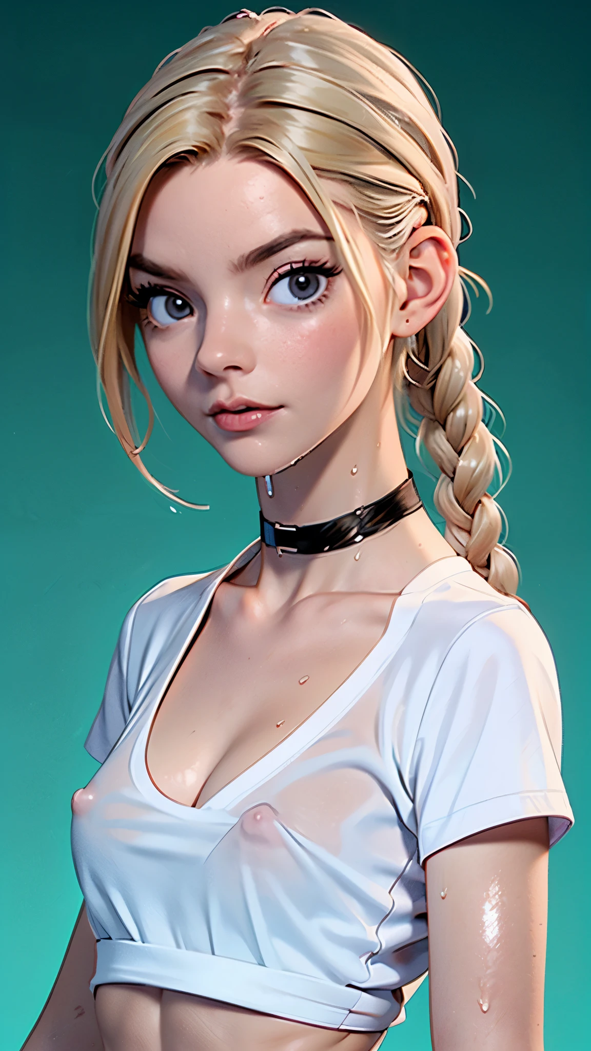 one girl, solo, (abs:1.5), slender body, fit body, (upper body, bust:1.2), (black eyes:1.3), blonde hair, (two cute braids:1.2), masterpiece, highly detailed, look at viewer, front view, (small breasts, tiny breasts, male chest, exposed breasts, deep cleavage:1.5), (transparent white t-shirt, wet t-shirt, choker:1.4), (studio lights, blured background, glowing edges of image, shiny blured background, gradient sprayed background, colorful background:1.3), expressing joy, (nipples:1.1)