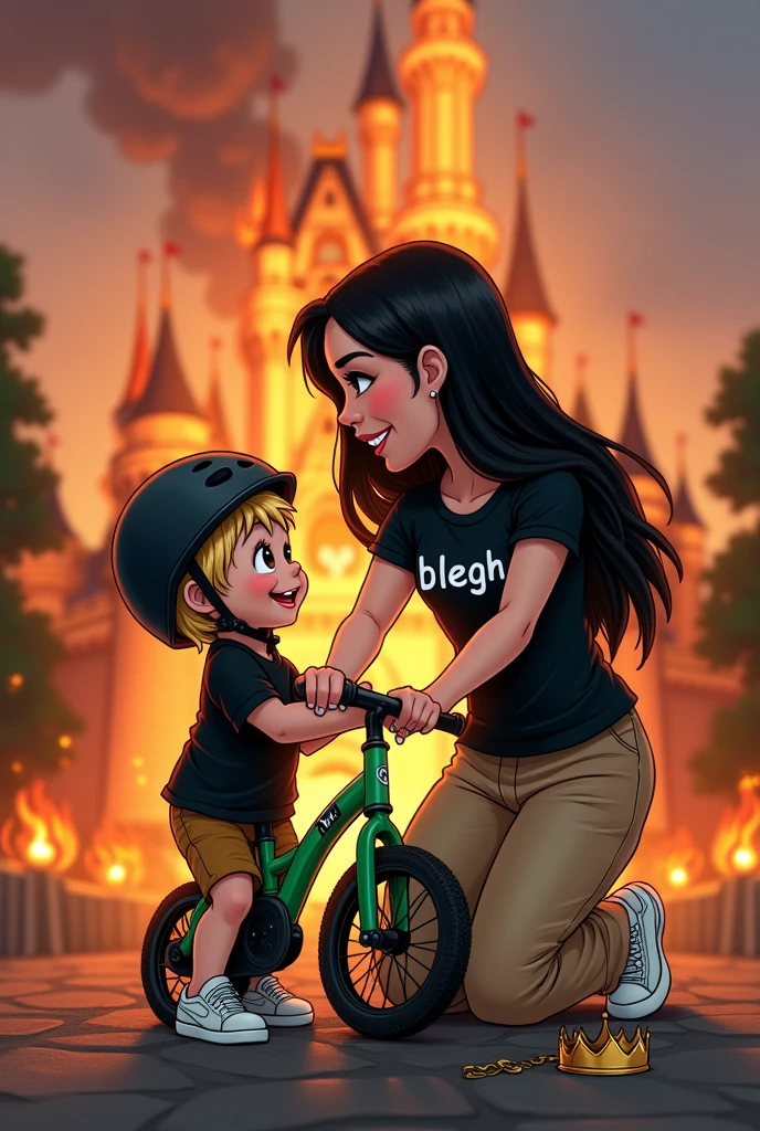kag:
Create a picture in disney style
Mom who likes metal, brown eyes, pale skin, heavily mascaraed eyelashes, no jewelry, long black straight hair, black shirt with the inscription "blegh" , beige baggy (not high waist) , white sneakers. Smiles at her blonde 3 year old son. There is , brown eyes, blonde hair. loves his green bike. He wears a black helmet. Mother and son smile and look at each other.
In the background, the Disney castle burns in large flames and is almost destroyed.. There is a broken crown lying on the floor.
