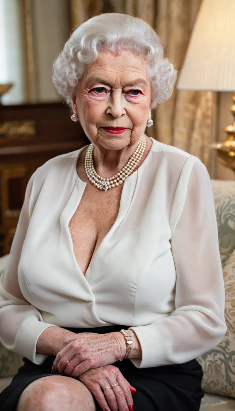 (gorgeous queen elizabeth 80yo ), (huge saggy breast:1.6), (dressed for a party with elegant white chiffon shirt:1.4), (black skirt), (sitting on sofa), lipsticks