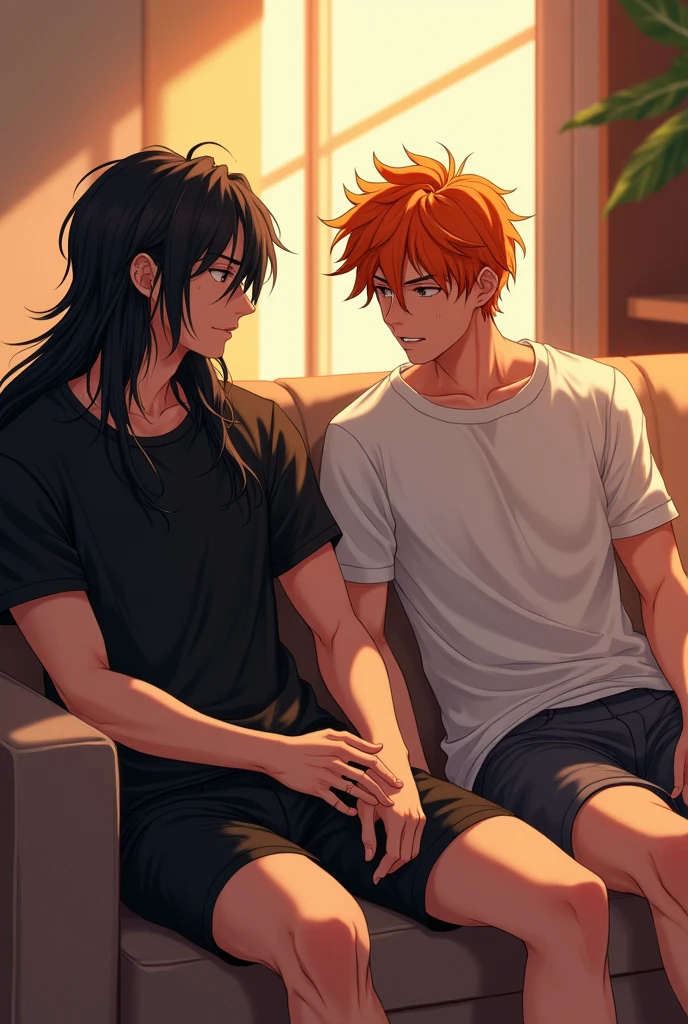 A guy with long black hair in a black T-shirt and black shorts is sitting on the couch, a guy with orange hair, in a white T-shirt and dark gray shorts is sitting next to him, sweat, hot, anime art , masterpiece, realistic, overdetalization, overdetalized hands, overdetalization of faces, realistic 