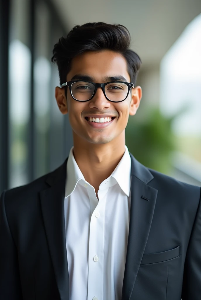 21 years old Indian boy with fair skin wearing spectacles and narrow body posing for a LinkedIn picture in fromals