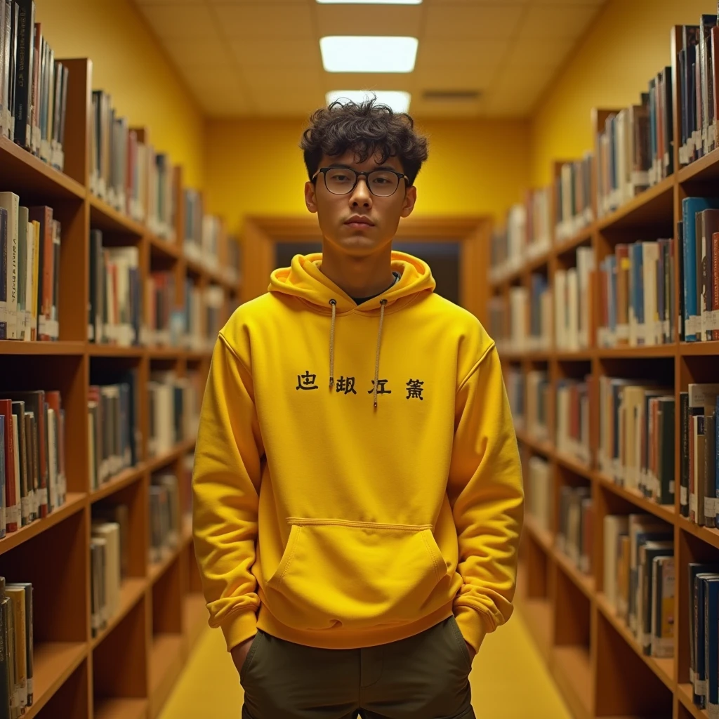 Young man, In the yellowish atmosphere of the library、Casual clothing、front、Upper Body