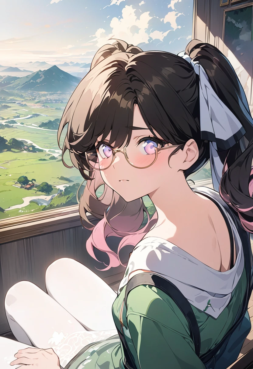 close up,masterpiece,high resolution,Anime Art,Anime Numbers, 4k anime wallpaper,Soft Light,One anime girl sitting sideways,black and pink gradient twin tails,Gradient eyes,wearing glasses,Green clothes,White pantyhose,landscape painting