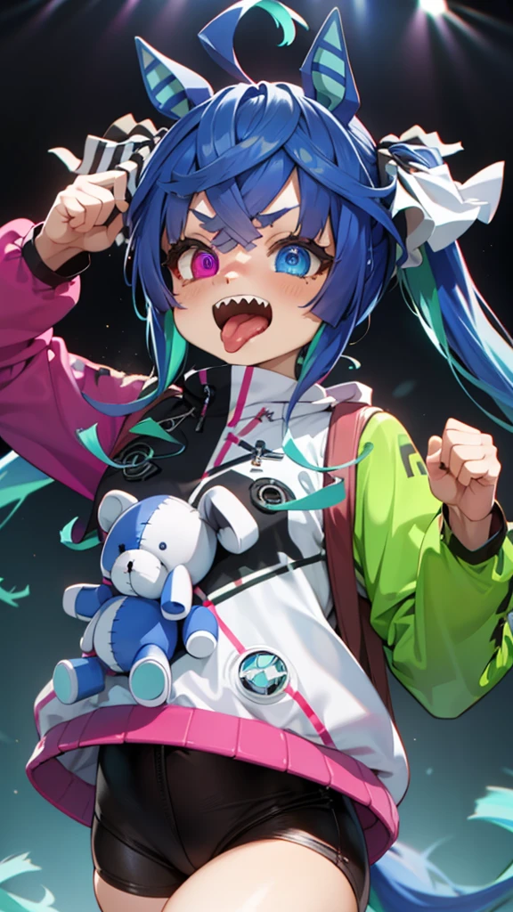 (​masterpiece,top-quality,hight resolution,Unity 8k,extremely details CG,Best Picture),Color illustration in the style of asanagi,(((kawaii))),live stage,perfect lighting,Tongue out,Twin_Turbo_Umamusume,(aqua hair, twintails, Uniform, stuffed toy, stuffed animal, racingpant, bag, teddy bear, heterochromia, purple eyes, blue eyes, sharp teeth),Yelling into the microphone,Bring your face closer to me, noise removal,