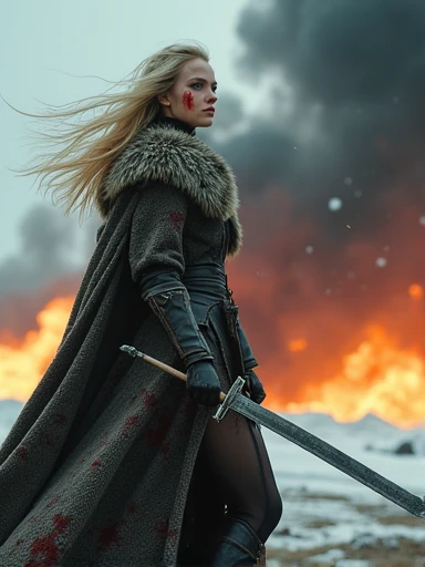 macabre style Capture the indomitable spirit of a beautiful Viking Age princess warrior, cowboy shot, standing triumphantly amidst the chaos of a brutal skirmish, wearing luxurious furs and distressed leathers, she embodies sophisticated savagery, crimson droplets of blood from the skirmish adorn her countenance, employing a low camera angle to emphasize the magnitude of her stature and authority, effectively positioning her as a titan above mere mortals, merging reality with fantasy, this provocative tableau challenges conventional notions of beauty, inspiring reflection on what it means to be strong, commanding, and utterly bewitching, style of Nick Knight, style of Igor Morski, style of Wlop, . dark, gothic, grim, haunting, highly detailed. Fire, heavy smoke, ice, snow. Blonde Hair in the wind.