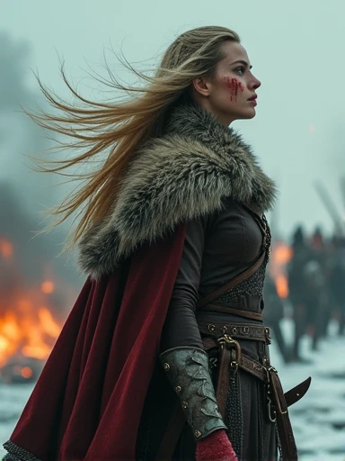 macabre style Capture the indomitable spirit of a beautiful Viking Age princess warrior, cowboy shot, standing triumphantly amidst the chaos of a brutal skirmish, wearing luxurious furs and distressed leathers, she embodies sophisticated savagery, crimson droplets of blood from the skirmish adorn her countenance, employing a low camera angle to emphasize the magnitude of her stature and authority, effectively positioning her as a titan above mere mortals, merging reality with fantasy, this provocative tableau challenges conventional notions of beauty, inspiring reflection on what it means to be strong, commanding, and utterly bewitching, style of Nick Knight, style of Igor Morski, style of Wlop, . dark, gothic, grim, haunting, highly detailed. Fire, heavy smoke, ice, snow. Blonde Hair in the wind.