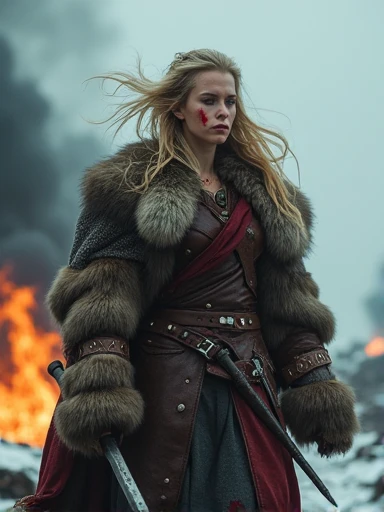 macabre style Capture the indomitable spirit of a beautiful Viking Age princess warrior, cowboy shot, standing triumphantly amidst the chaos of a brutal skirmish, wearing luxurious furs and distressed leathers, she embodies sophisticated savagery, crimson droplets of blood from the skirmish adorn her countenance, employing a low camera angle to emphasize the magnitude of her stature and authority, effectively positioning her as a titan above mere mortals, merging reality with fantasy, this provocative tableau challenges conventional notions of beauty, inspiring reflection on what it means to be strong, commanding, and utterly bewitching, style of Nick Knight, style of Igor Morski, style of Wlop, . dark, gothic, grim, haunting, highly detailed. Fire, heavy smoke, ice, snow. Blonde Hair in the wind.