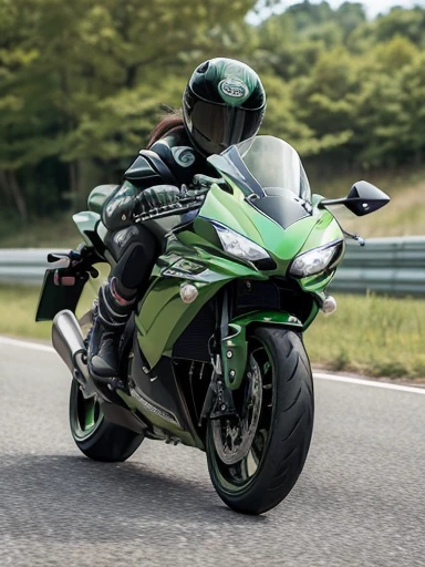 Japanese female, (underweight), (flat chest best quality:1.5), 30 years old,female rider,kawasaki super sports motorcycle, motion blur:1.6
