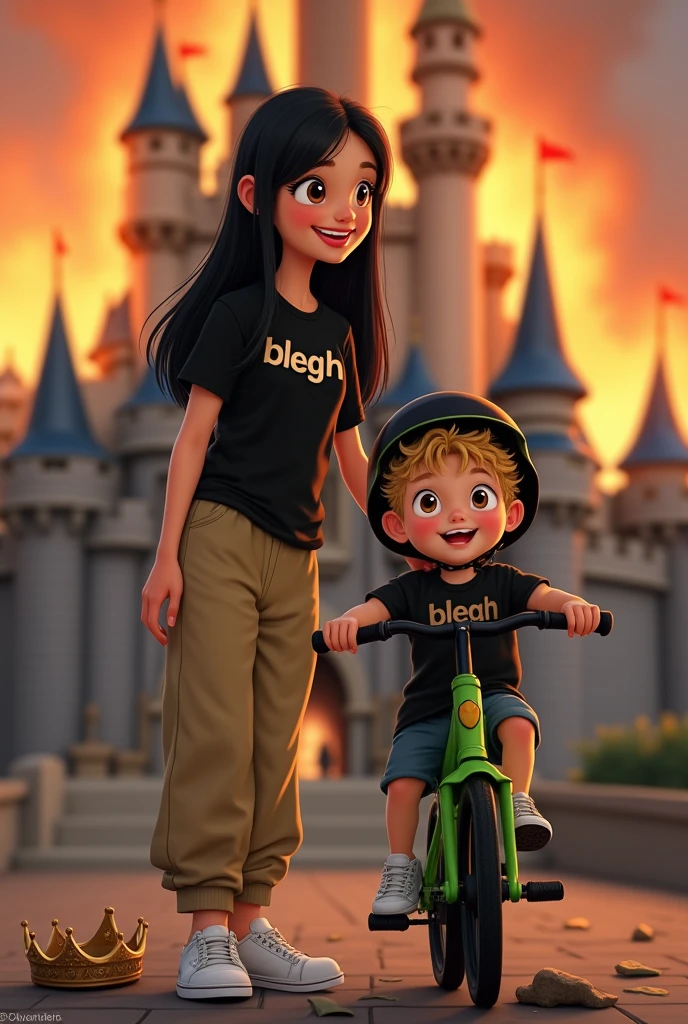 

kag:
Create a picture in disney style

Mom who likes metal, brown eyes, pale skin, heavily mascaraed eyelashes, no jewelry, long black straight hair, black shirt with the inscription "blegh" , beige baggy (not high waist) , white sneakers. Smiles at her blonde 3 year old son. There is , brown eyes, blonde hair. loves his green bike. He wears a black helmet. Mother and son smile and look at each other.
In the background, the Disney castle burns in large flames and is almost destroyed.. There is a broken crown lying on the floor.