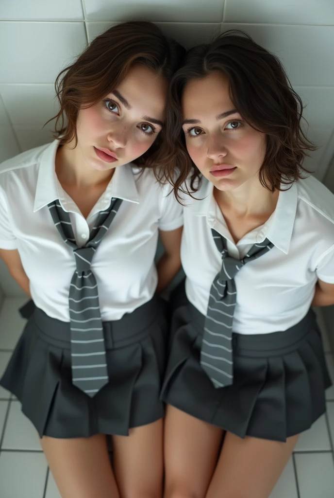 Realistic photo from above of two slim pretty 16-year-old Caucasian women. One has short light-brown hair. The other has short dark-brown hair. They are wearing tight white wet shirts. They are not wearing a bra. They are wearing dark-grey striped ties. They are wearing dark-grey pleated skirts. They are kneeling in a shower. They are looking up to the camera. They both have both hands behind their backs. Their mouths are slightly open. Their hair and clothes are soaking wet. Their nipples are visible through the fabric of their shirts. 