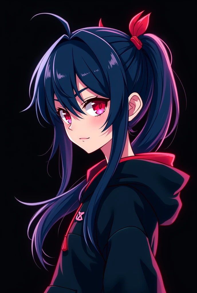Logo for "mizuki" , Gamer , black background , Anime girl , dark blue hair , modern day mullet hair style , black hoodie , red eyes , almond eye