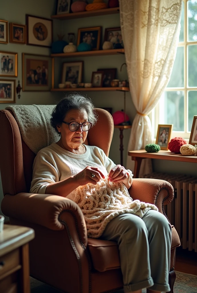 An old lady with glasses and black hair is crocheting VERY VERY far away from the screen