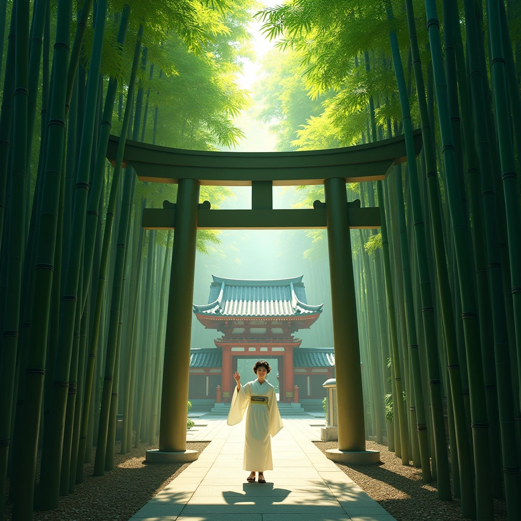 realistic detailed bamboo forest, torii gate, person in white kimono waving at camera behind torii gate, (best quality,4k,8k,highres,masterpiece:1.2),ultra-detailed,(realistic,photorealistic,photo-realistic:1.37),detailed shinto shrine,detailed traditional japanese architecture,cinematic lighting,vibrant colors,dramatic lighting,detailed foliage,intricate textures,atmospheric haze