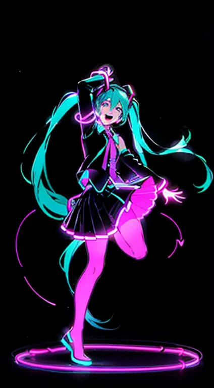 full body,(silhouette outline only,(neon the shape of hatsune miku silhouette)),body without color,(outline neon tube light illumination only),(shining brightly neon illumination:1.4),dancing,night sky background