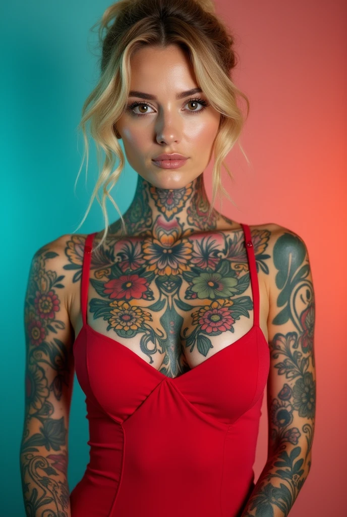 (full length portrait), a woman in her late 30s, soft and rounded facial features, (low rooted breasts:1.4),(lower set breasts:1.4), pale white skin, snow-white skin, (whole body covered in (non-floral bright color tattoos)), (chest tattoo), red bodycon dress, hard pert nipples visible under dress, honey blonde hair in a messy bun, (8k,highres,masterpiece:1.2),ultra-detailed,(realistic,photorealistic,photo-realistic:1.37),vivid colors,studio lighting,extremely detailed tattoos,extremely detailed face and body