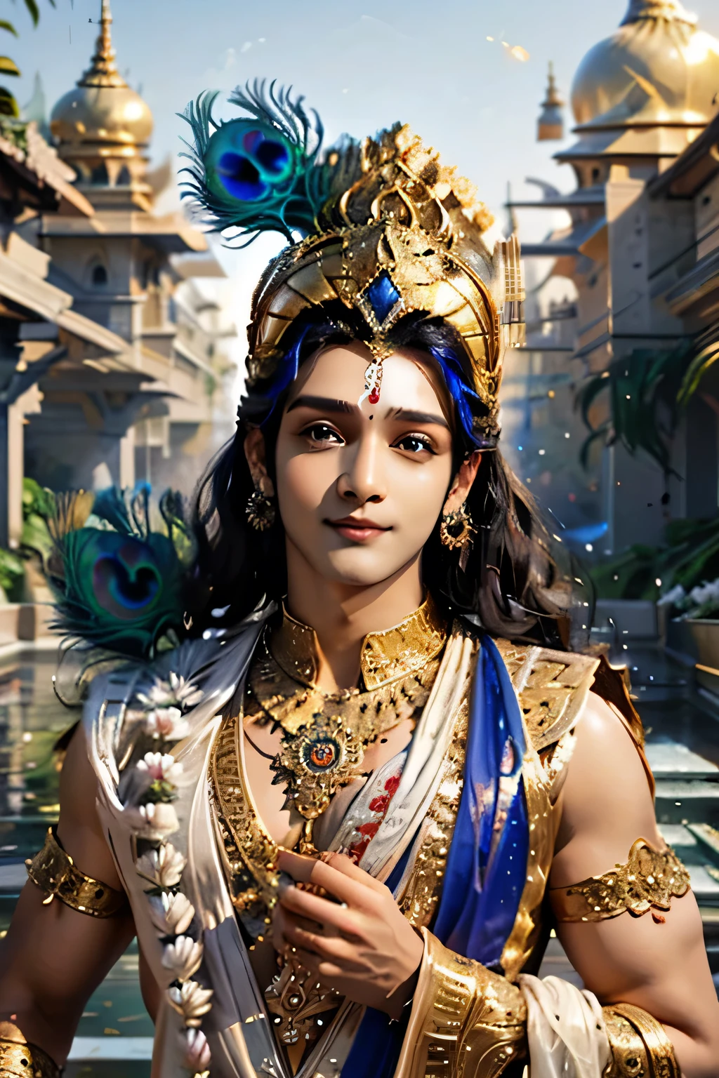 Krishna , blue skin tone, loving man , beautiful glitter eyes , blue skin tone , smiling , divine nature, god, holding musical instrument flute (bsansuree) in hands, javing peacock feathers on head.