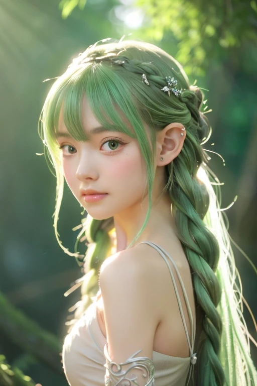 Create an anime-style artwork of an elven girl with long, braided silver-green hair. She has delicate features, pointed ears, and wears a white, flowing gown with intricate silver arm bracers. The scene is set in a sunlit forest, with soft light filtering through the trees, giving a serene and magical atmosphere.