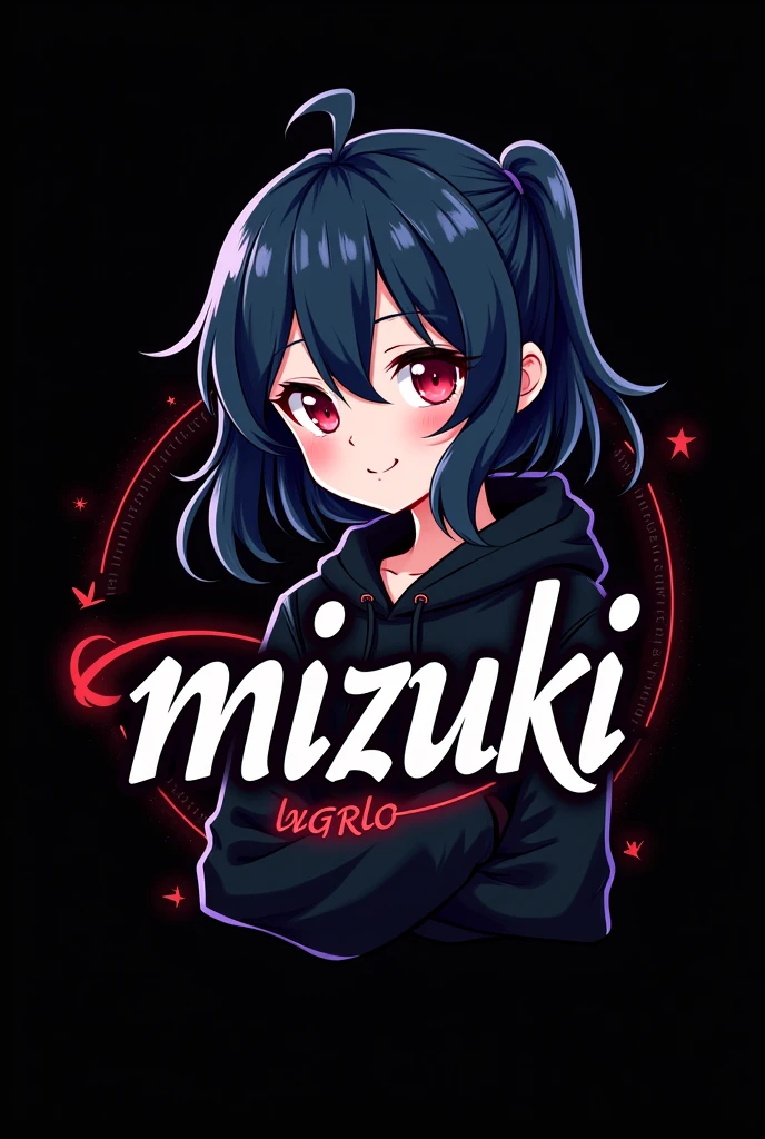 Logo for "mizuki" , Gamer , black background , styled font , Anime girl , dark blue hair , modern day mullet hair style , black hoodie , red eyes , almond eye