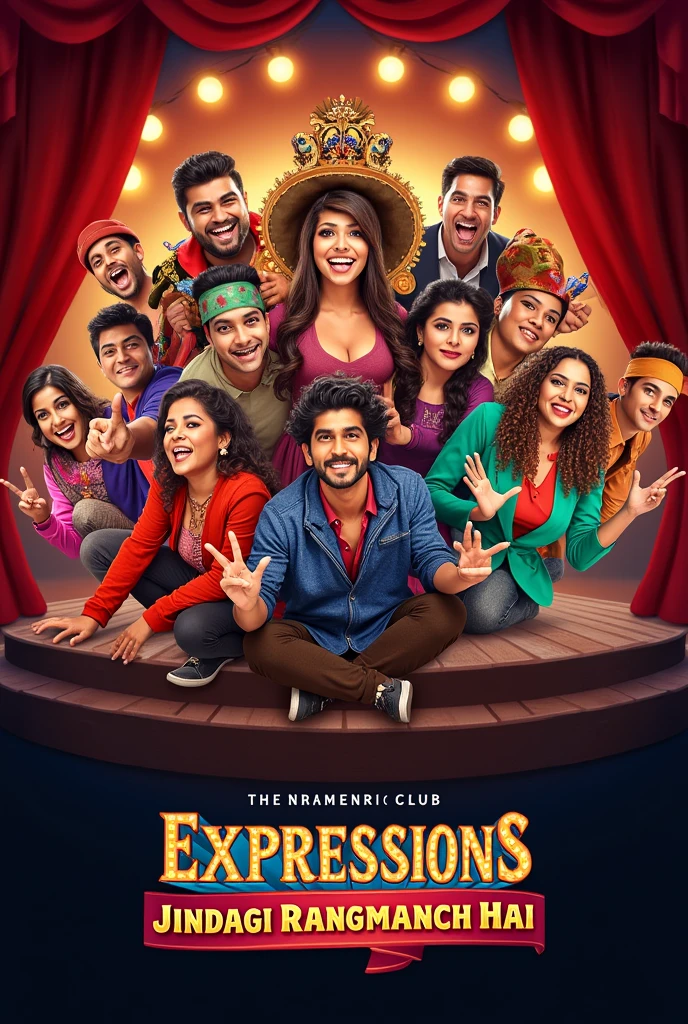 Create a poster of a club name "Expressions club" with tag line "jindagi rangmanch hai" that performs drama, acting in a art form.