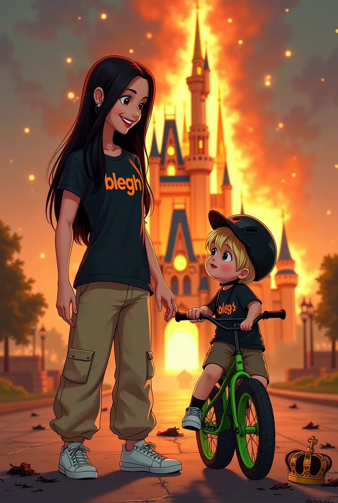 kag:
Create a picture in disney style
Mom who likes metal, brown eyes, pale skin, heavily mascaraed eyelashes, no jewelry, long black straight hair, black shirt with the inscription "blegh" , beige baggy (not high waist) , white sneakers. Smiles at her blonde 3 year old son. There is , brown eyes, blonde hair. loves his green bike. He wears a black helmet. Mother and son smile and look at each other.
In the background, the Disney castle burns in large flames and is almost destroyed.. There is a broken crown lying on the floor.