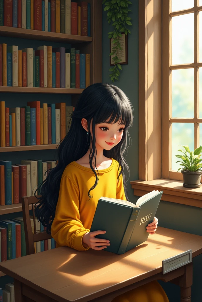 A beautiful girl wearing a yellow dress with black hair reading a book titled "BISU" with the gray book cover sitting inside the library