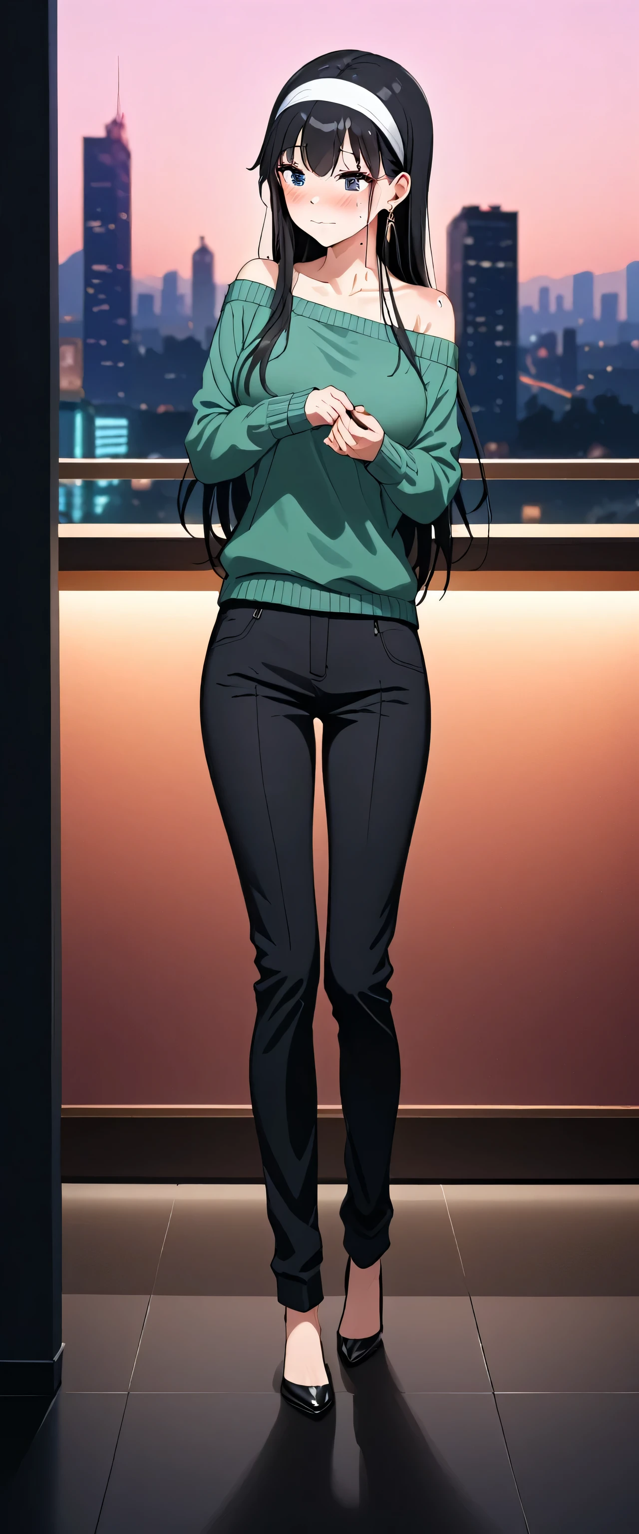 woman, Yor Briar, Large Breasts, Black Hair, Earrings, white hair band, hair band, Long Hair, Side Lock, Expose your shoulders, clavicle, dress, Long sleeve, Off the shoulder, off-shoulder dress, off-shoulder sweater, (pants:2), (black pants:1.5), sweater, sweater dress, Thighs, Toes, Are standing, Highest quality, Very detailed, High resolution, Studio Lighting, Professional, Vibrant colors, Sharp focus, Bokeh, landscape, Love Hotel, bar counter, night, window, Cityscape, colorful city, Neon Light, Futuristic, sf, Soft lighting, Dynamic Shadows, (Embarrassing:2.5), (blush:2.5), (sweating:2), In-person audience