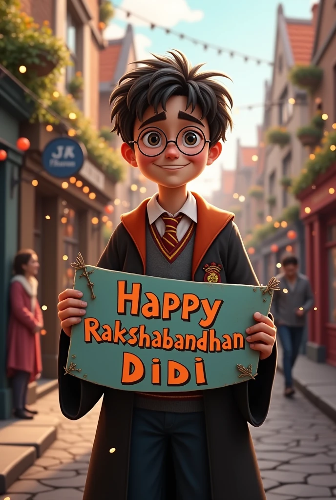 Harry Potter holding a banner stating ‘Happy Rakshabandhan Didi’