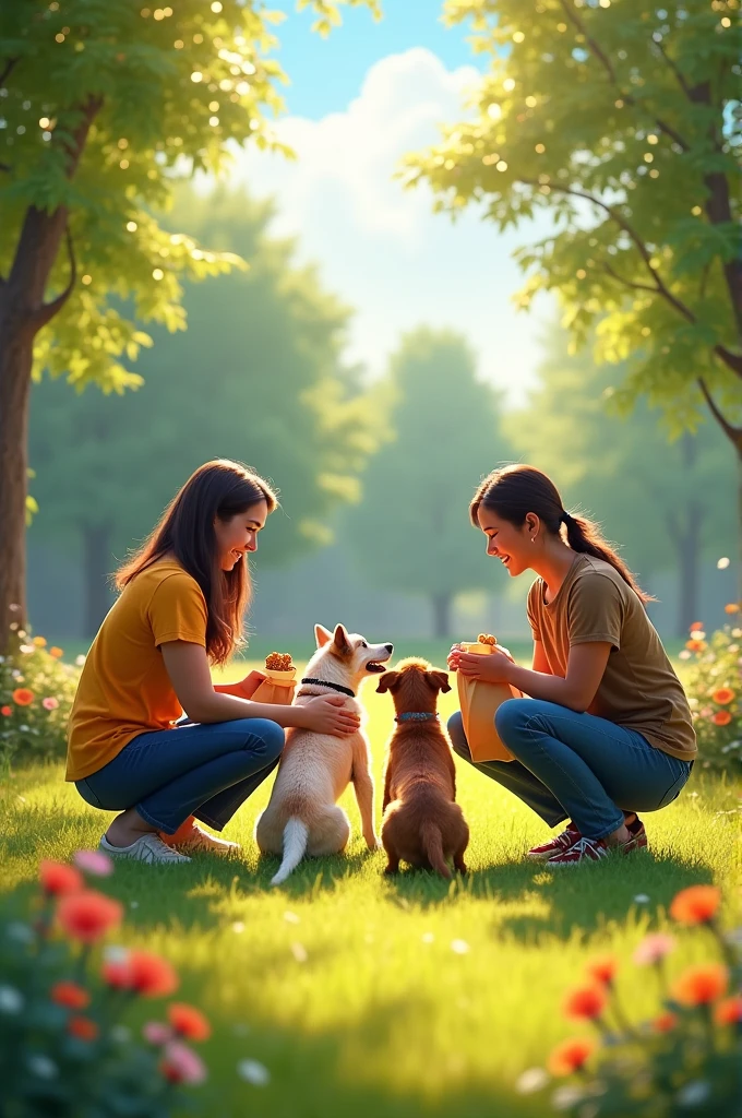 People feeding stray dogs