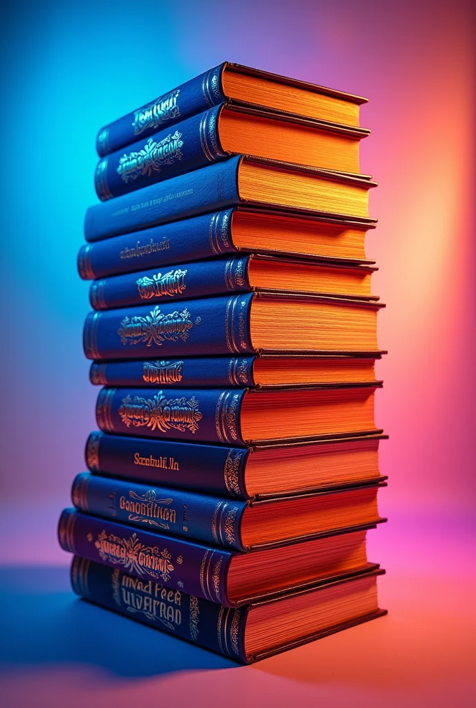 "A vividly detailed stack of books, each cover bursting with a unique, neon-bright color like electric blue, fiery orange, and vibrant magenta. The books are arranged haphazardly yet artfully, with some tilted at angles for a dynamic effect. The spines have subtle gold embossing, adding a touch of elegance, with intricate designs or titles barely visible. The scene is isolated on a clean, transparent background, with soft, glowing edges around the books to make them pop."