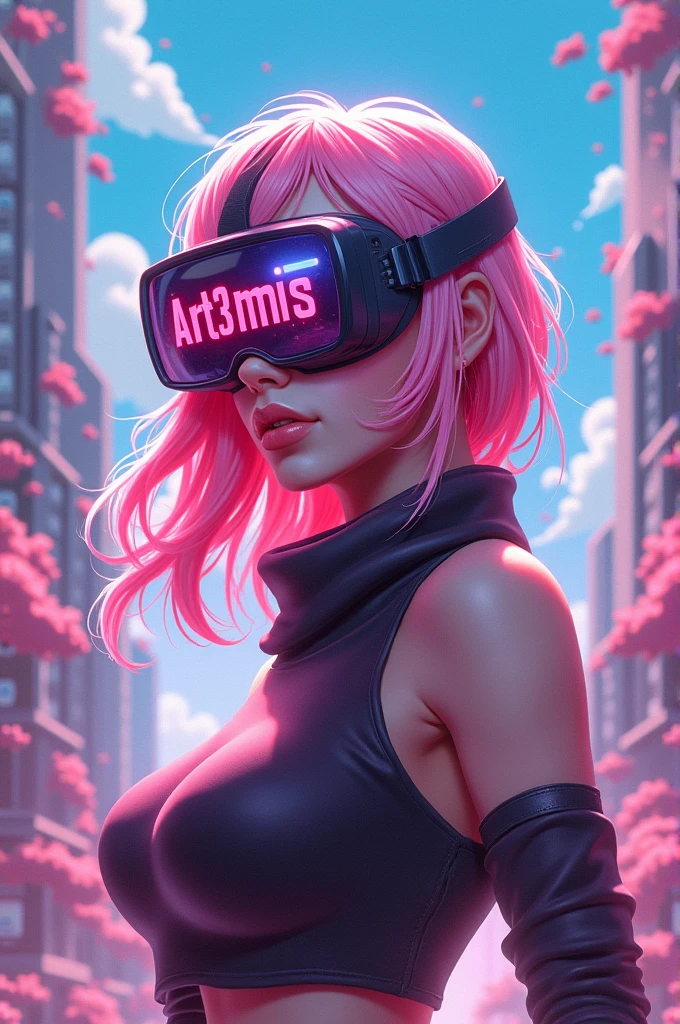 Female gamer character with light pink hair, skin fair, rosy cheeks, pink mouth, wearing VR glasses with the word Art3mis mirrored on the glasses 
