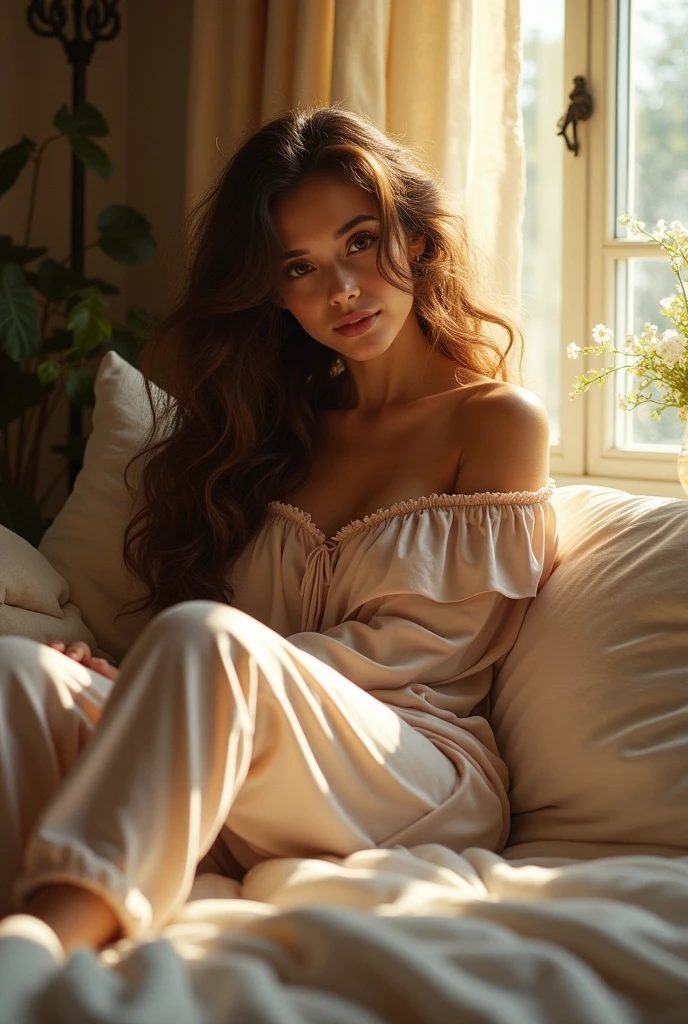 (photorealism:1.2), beautiful woman, sitting on bed, wearing loose off-shoulder top, pajama pants, long curly hair, indoors, soft lighting, plants in background, window with sunlight, cozy room, relaxed pose, realistic, intricate details, warm colors, by Greg Rutkowski, by Alphonse Mucha