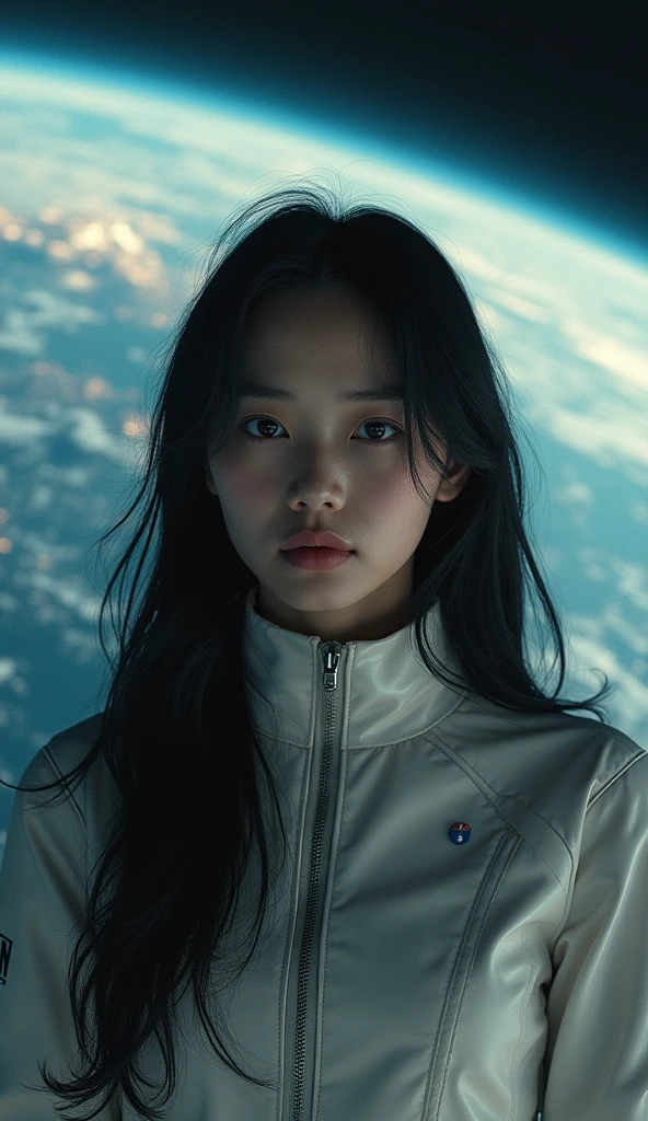 jaxsa、Adult woman with depression、Japanese、Black Hair、Brown eyes、Pink Lips、Spacesuit、Upper Body、universe space、Earth、Real、Masterpiece、Highest quality、